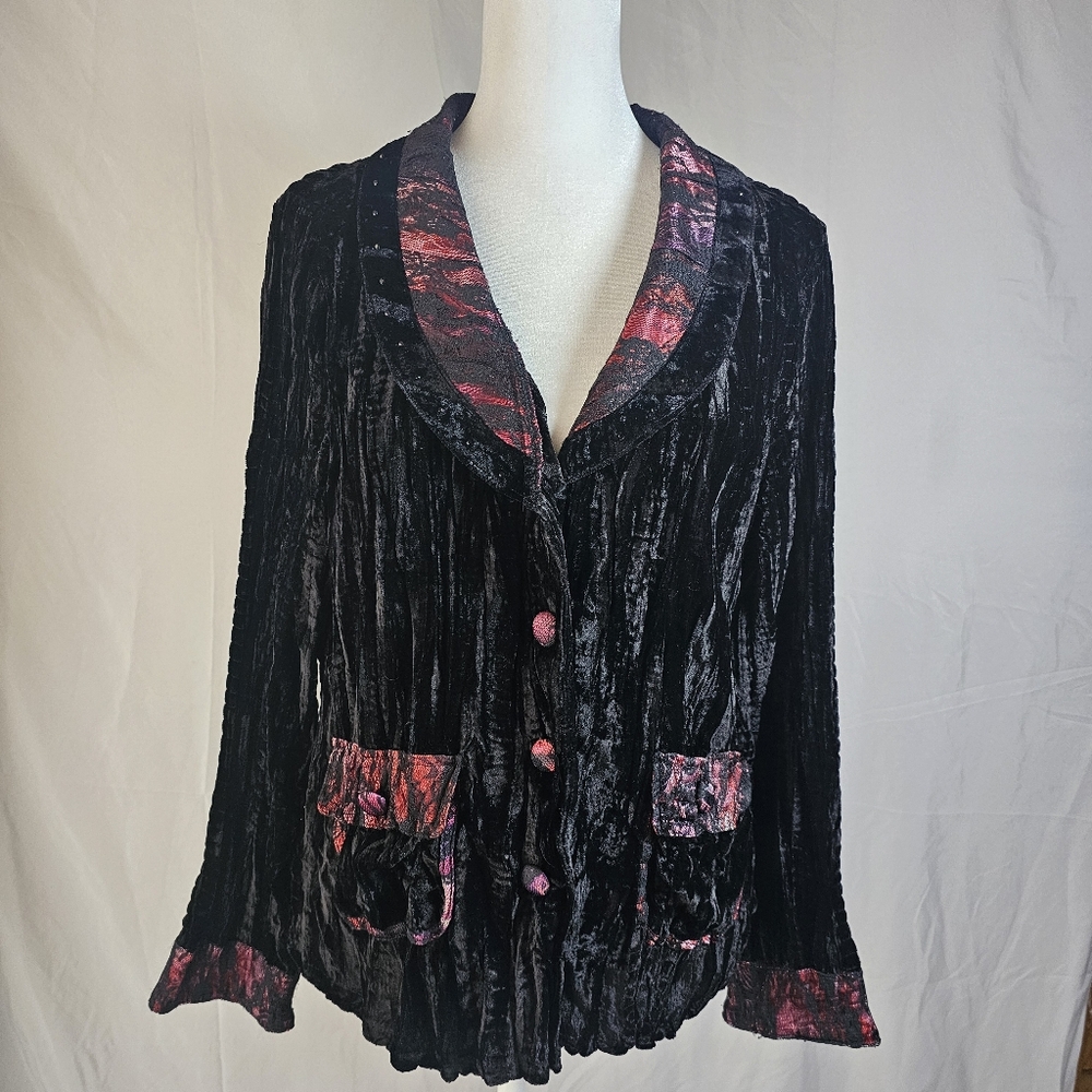 Alberto Makali Crushed Velvet Black Red Beaded‎ Jacket Large - Picture 2 of 13